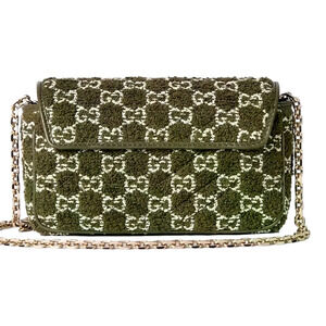 Gucci GG Super Mini Marmont Olive Green Boucle Terry Chain Crossbody